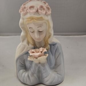 Vintage Mother Mary Holding Flower Porcelain Figurine-Flowers Around Her Head-5”